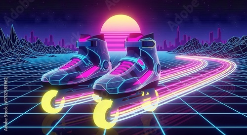 Neon rollerblades on a glowing grid track at sunset in a retro-futuristic synthwave landscape illustration.