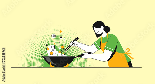 Woman Cooking in Pan, Culinary Illustration, Simple Style, Vector Art, Preparing Meal
