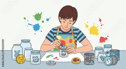 Young Artist Embellishes Jars Decoratively, Surrounded By Colorful Paint Splatters