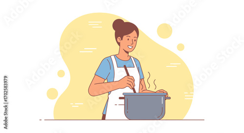 Woman Cooking In The Kitchen, Smiling and Stirring a Pot, Everyday Life Illustration