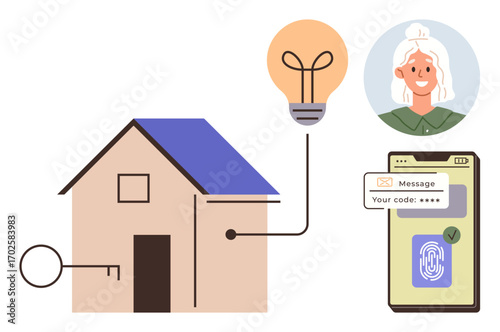 Key near house, light bulb connection, smartphone with fingerprint authentication, person portrait, security code message. Ideal for technology, security, innovation, smart homes authentication