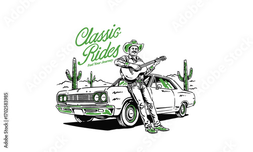 retro illustration of a cowboy with a guitar and a classic car. Vintage western artwork for a t-shirt