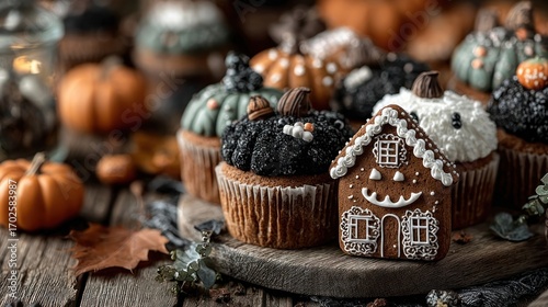 Halloween Gingerbread Cookies on Wooden Table