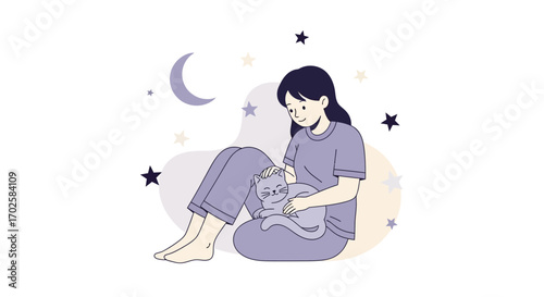 Woman Cuddling Cat Under The Night Sky Amidst Stars Illustrating Serene Moments
