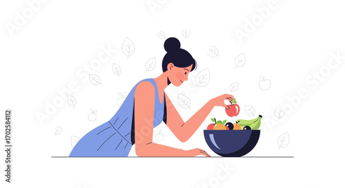 Woman Curating Fresh Fruits In Bowl Promoting Health And Wellness With Modern Illustration