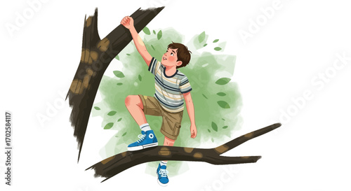 Young Boy Climbing Tree Branch, Nature Adventure, Fun, Children's Illustration, Joyful Moment