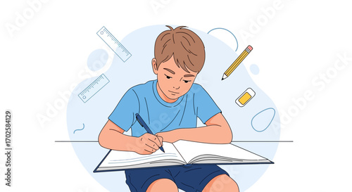 Young Boy Concentrating On Writing In A Notebook, School Study Education Illustration