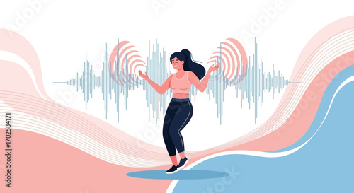 Woman Dancing Amidst Sound Waves And Abstract Artistic Background Design Illustrations