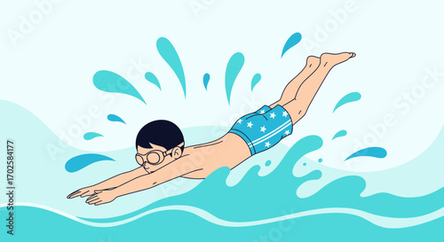 Young Boy Diving Into Water for Swimming Practice in Blue Shorts with Goggles