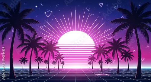 A retro-futuristic synthwave landscape with a neon sun, grid floor, and silhouetted palm trees.