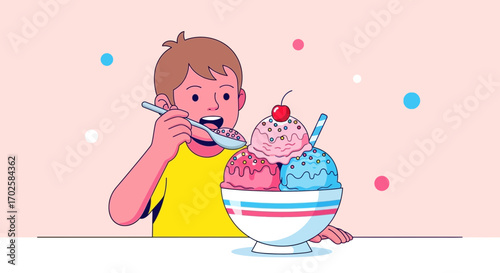 Young Boy Joyfully Savoring Delicious Ice Cream Sundae in Vibrant, Artistic Illustration