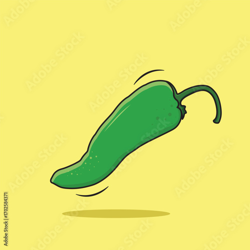 Vector Fresh Green Chilli Pepper Cartoon Style Isolated On Yellow Background, Vector Illustration