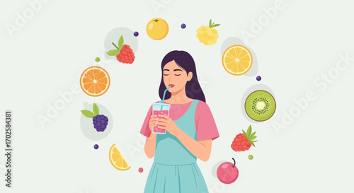 Woman Drinking Refreshing Fruit Smoothie Surrounded By Juicy Colorful Slices, Healthy Lifestyle