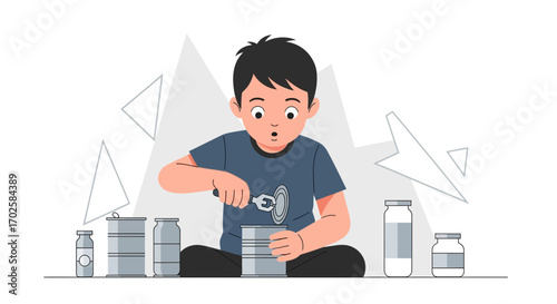 Young Boy Opens A Can With A Can Opener, Preparing Food, Cooking And Dinner Concept