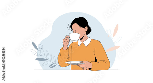 Woman Enjoying A Beverage, Serene Moment, Conceptual Illustration, Abstract Artwork