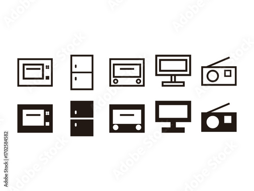 冷蔵庫、電子レンジ、トースター、テレビ、ラジオのアイコンのセット