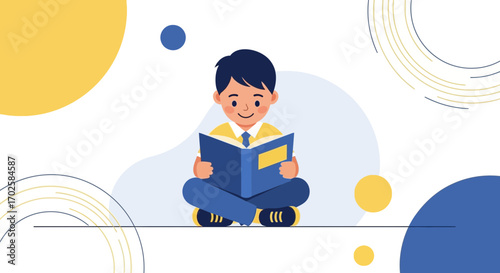 Young Boy Reading Illustrated Book With Colorful Background Design And Relaxing Atmosphere
