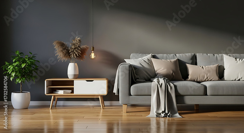 Elegant living room interior with a comfortable gray sofa, stylish wooden cabinet, and lush green plant, illuminated by a warm pendant light against a dark gray wall, creating a cozy and inviting atmo