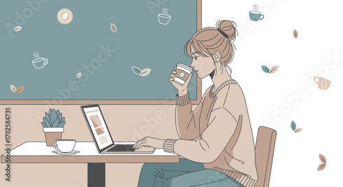 Woman Enjoying Coffee While Working On Laptop In A Relaxed Ambiance