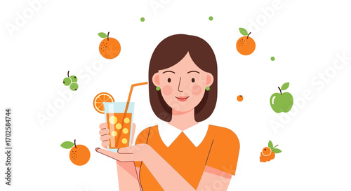 Woman Enjoying Fresh Juice: A Vibrant Illustration of Healthy Living and Refreshment