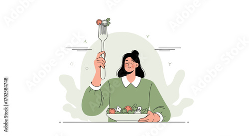 Woman Enjoying Healthy Salad, Smiling, Illustrative Representation of Dietary Choices