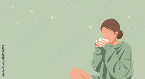 Woman Enjoying Hot Beverage In A Cozy Sweater, With A Tranquil And Calm Atmosphere