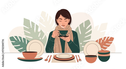 Woman Enjoying Hot Beverage, Surrounded By Elegant Tableware and Aesthetic Foliage