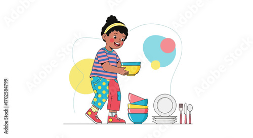 Young Child Doing Chores, Carrying Bowls, Helping With Dinner Setting, Vector Illustration