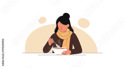 Woman Enjoying Warm Soup In A Cozy Scene During The Winter Season