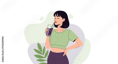 Woman Enjoys Refreshing Beverage with Closed Eyes in Minimalist Illustration Style