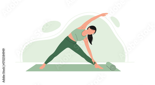 Young Female Practicing Yoga Pose In Green Apparel On A Mat For Wellness And Fitness