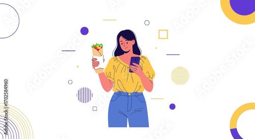 Woman Enjoys Takeout Meal While Browsing Smartphone With Stylish Graphics Adorning