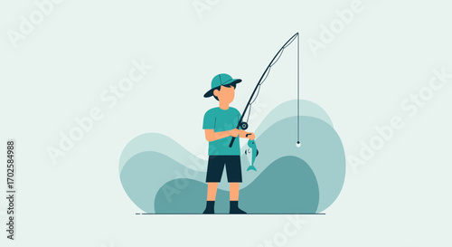 Young Fisherman Enjoying A Peaceful Moment Catching Fish Near Wavy Water Design
