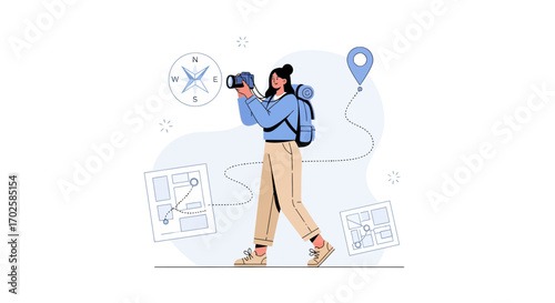 Woman Exploring With Compass, Camera, And Backpack, Discovering New Locations During Trip