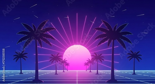 Vibrant retro-futuristic synthwave landscape with glowing pink sun, palm trees, and grid road under a starry night sky, evoking an 80s aesthetic.