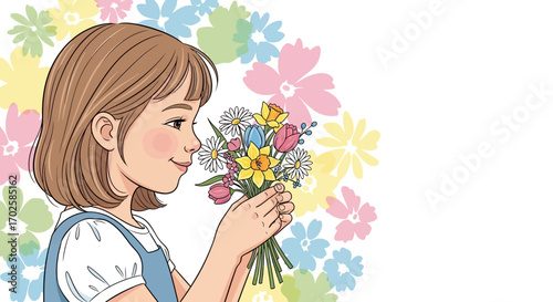 Young Girl Admiring a Bouquet with Colorful Flowers, Floral Illustration