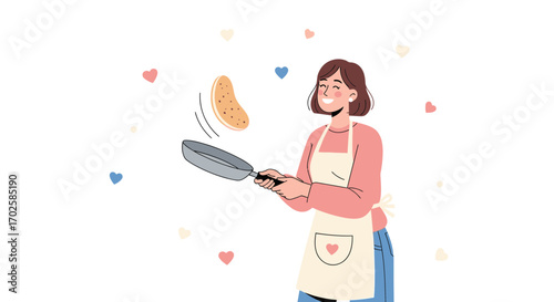 Woman Flipping Pancake In A Frying Pan Smiling Enthusiastically In The Kitchen Scene