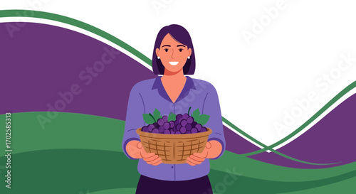 Woman Holding a Basket Filled with Fresh Grapes on a Decorative Modern Background