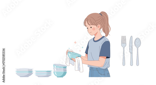Young Lady Washing Dishes After Dinner With Plates, Fork, Knife, and Spoon Prepared