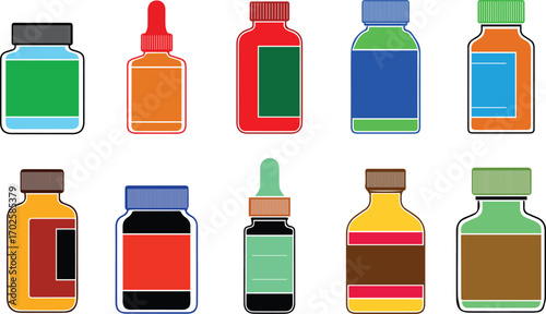  colorful medicine bottles, including various shapes and sizes, perfect for illustrating pharmaceutical concepts, healthcare, or medical supplies in a vibrant and eyecatching way