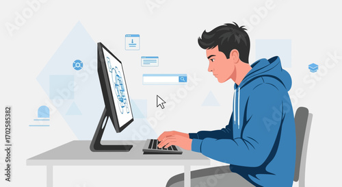 Young Man Engaged In Digital Workspace Activity With Desktop Computer, Blue Theme