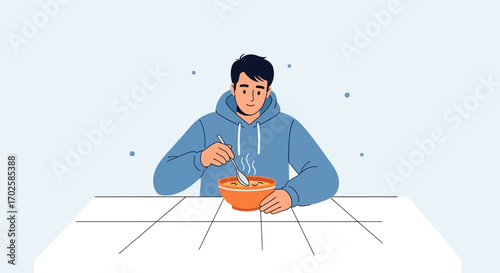 Young Man Enjoying Hot Soup In A Warming Environment During Midday