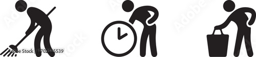 Diverse task concept icons depicting a person sweeping, managing time, and disposing of waste, symbolizing daily responsibilities and efficient task completion.
