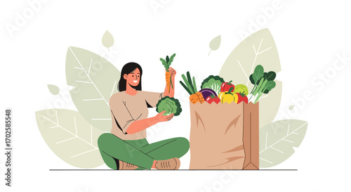 Woman Holding Healthy Vegetables Next To a Bag of Fresh Groceries Illustration