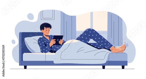 Young Man Lounging in Bed Using a Tablet, Relaxing and Enjoying the Morning Time