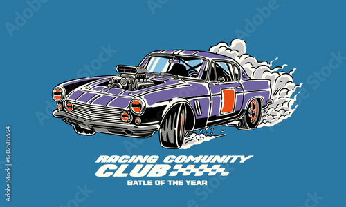 retro illustration of a purple muscle car doing a burnout. Vintage racing club artwork for a t-shirt