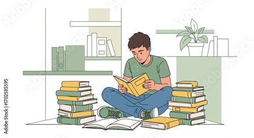 Young Man Passionately Reading Book Surrounded By Books in Modern Illustrated Design