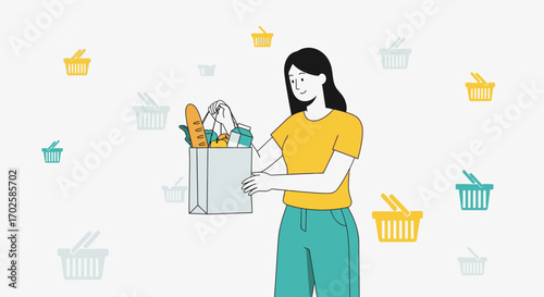 Woman Holds Groceries in a Modern Colorful Illustration for Shopping or Retail Designs