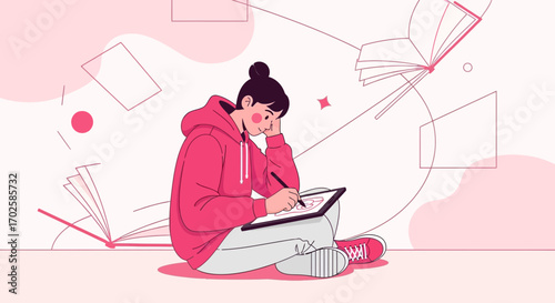 Woman Illustrating Digital Art while Surrounded by Design Elements in Pink Color.