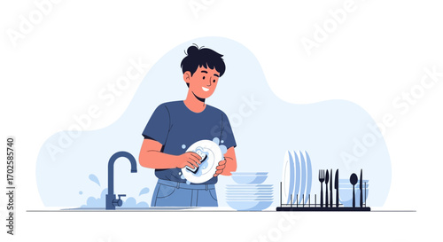Young Man Washing Dishes With Sparkling Clean Results and Smiling at Home Kitchen Environment